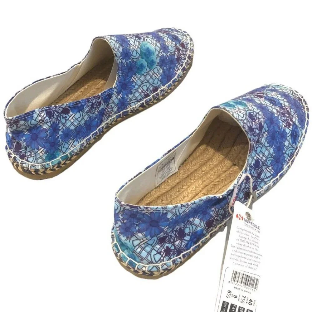 SUPERGA Espadrilles Blue Flats Floral Size 9 Womens Summer Beach Vacation Cute